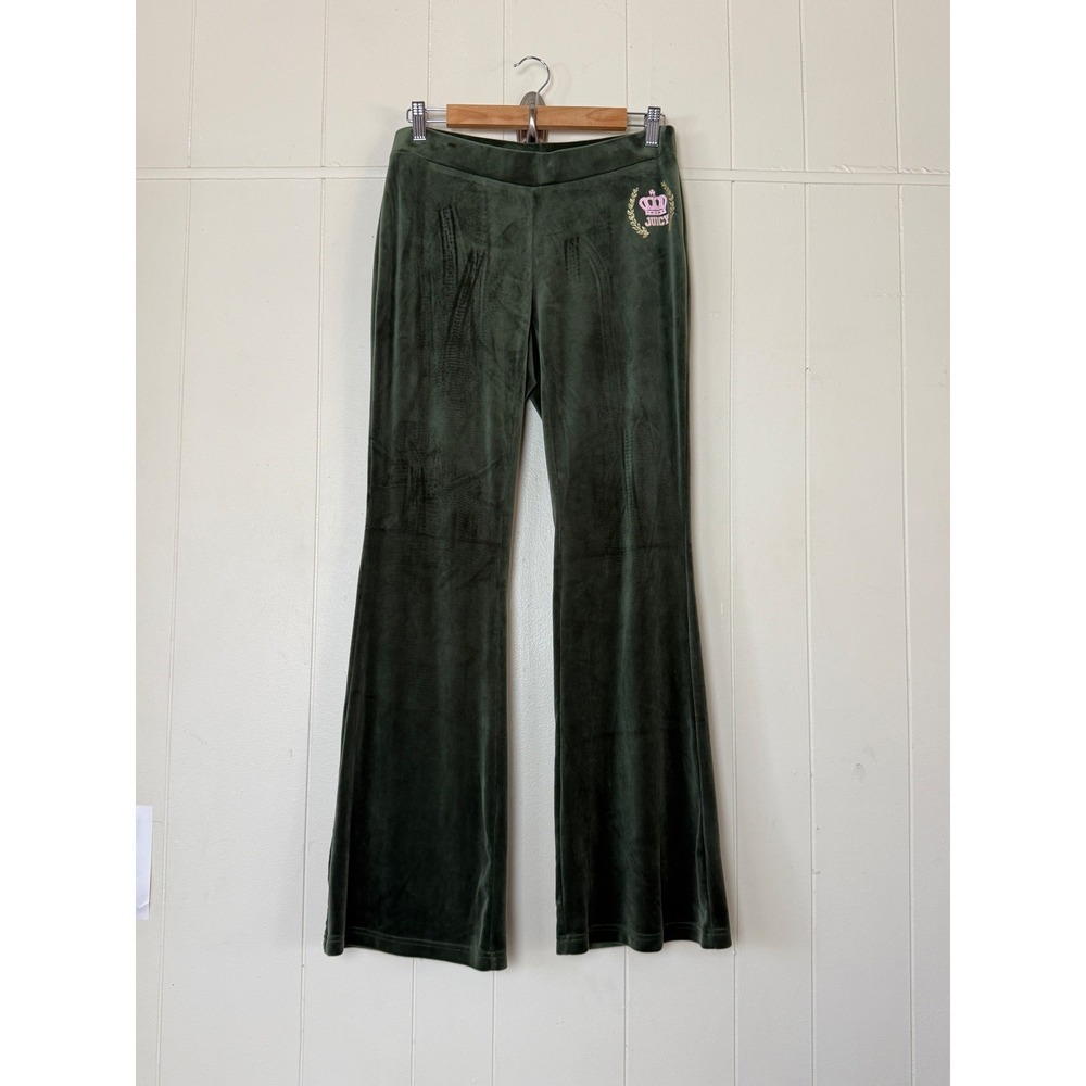 Juicy Couture Womens Vintage Y2K Green Velour Flare Track Pants Logo Size S